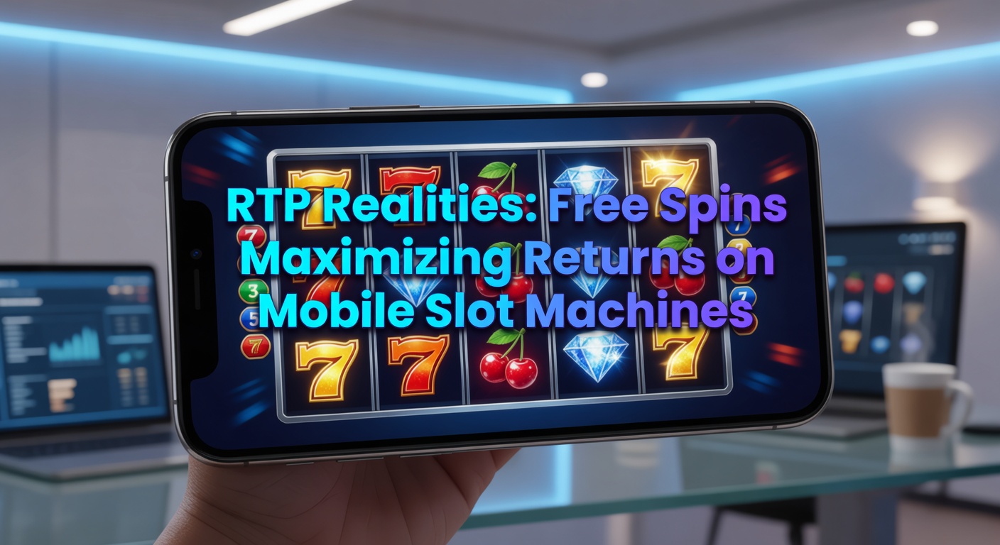 Smartphone mit laufendem Slot-Spiel und RTP-Anzeige im Vordergrund, umgeben von Freispiel-Symbolen